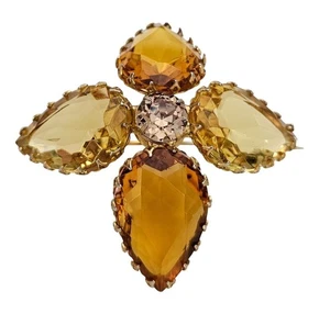 Gold Tone Maltese Cross Brooch Statement Size Topaz Jonquil Pear Pin - Picture 1 of 9