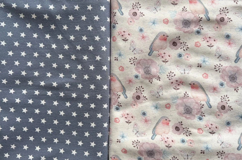 Jersey Stoff Paket Vögel Blumen Sterne  je 1 m Länge x volle Breite Weiß Grau - Bild 1 von 1