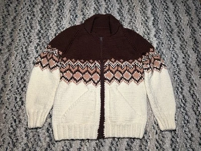 Cárdigan Vintage Tejido a Mano Cowichan Suéter Lana Cremallera Completa Nativo Azteca Grande Foto 1 de 4