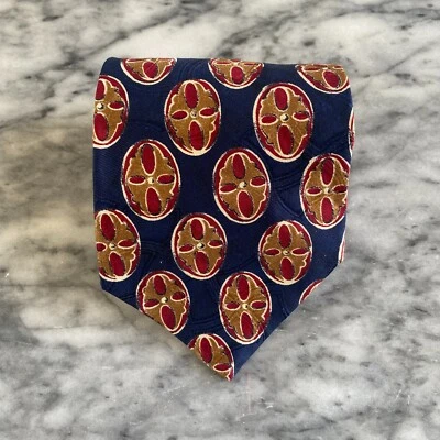 NEIMAN MARCUS Men's Hand Tailored 100 Silk Navy Medallion Tie~4" J113 - Image 1 of 4