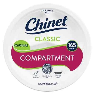 Chinet Classic Compartment Paper Plates, 10.38", 165 Ct – Durable & Leak-Resista