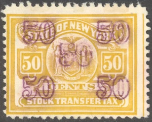 Sello de impuestos de transferencia de acciones 50ȼ de ingresos del estado de Nueva York - sin usar, sin goma de mascar 1922 - Imagen 1 de 1