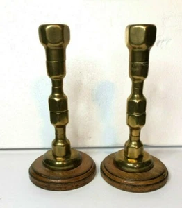 Art Deco Hexagonal Engineered Solid Brass candlesticks Wooden Base 15 cm's  - Picture 1 of 7