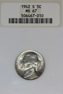 1942 S- NGC 5C MS67 JEFFERSON NICKEL #B46460 - Image 1 of 2