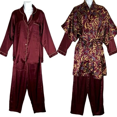 Conjunto de bata y pijama vintage de satén Morgan Taylor de 3 piezas talla P estampado manga larga Foto 1 de 4