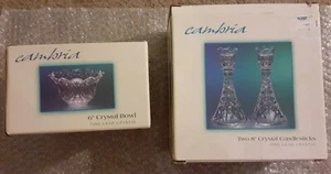 Cambria Crystal Two 8" Candlestick Holders / Fine Lead Crystal Bowl 6" - Picture 1 of 21
