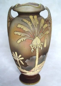 Coralene Vase Palm Trees Old Nippon Antique 1909 Hand-painted H 12.6 inch - Picture 1 of 13