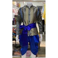 Thai Wrap Pants Men Shirt Suit Mandarin Collar Wedding Costume Work Blue Color