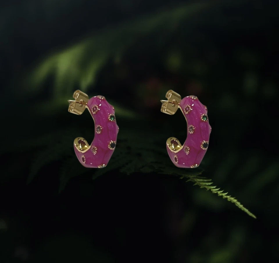 Pendientes de oro amarillo relleno de esmalte fucsia rosa con circonita Foto 1 de 4