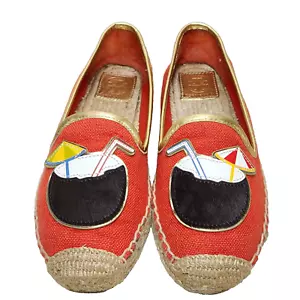 TORY BURCH Haircalf Coconut Espadrille Sz 7.5 Red Metallic Gold Jute 34732 - Picture 1 of 15