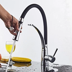 Black&Chrome Kitchen Faucet Pull Down&Swivel Spout Brass Mixer Single Handle Tap - Picture 1 of 5