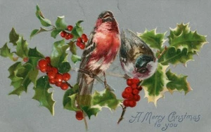Silver Metallic Birds Perched On Holly Christmas Postcard - Picture 1 of 2