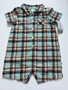 Carter’s Baby Boy One Piece Romper Blue Plaid Button Up Shirt Short Sleeve 9M - Picture 1 of 4