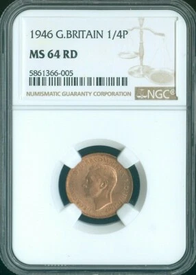 1946 Great Britain 1/4P Farthing NGC MS64 RD Quality ✔️ - Image 1 of 2