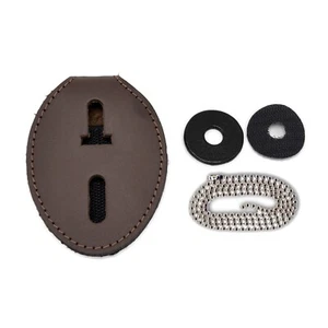Universal Oval Police Badge Holder Brown Leather Clip On Belt Neck Hanger Chain - Picture 1 of 8