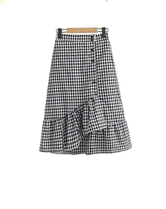 Women Girl Vintage Elastic High Waist Thin Ruffled Plaid Long Skirt - Picture 1 of 7