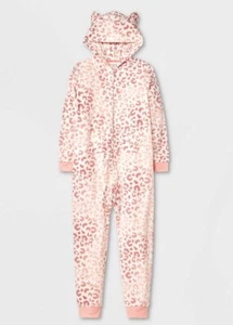 Girls' Long Sleeve Zip Hooded Unionsuit Pajama Bodysuit Pink Animal Print XL 14 - Picture 1 of 5