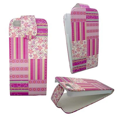 CASE FOR IPHONE 5 5S PINK FLOWERS AND LINE QUILTED DESIGN FLIP PU LEATHER COVER - Image 1 of 4