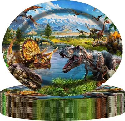 Paquete de 50 platos de papel ovalados con temática de dinosaurios, con Tyrannosaurus Rex y Triceratop Foto 1 de 4