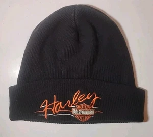 Harley Davidson Beanie bestickt Strickbündchen Motorrad schwarz großes kursives Logo - Bild 1 von 3