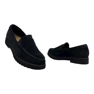 CLARKS Womens 7.5 Suede Leather Penny Loafers BELLEVUE HAZEN Slip On BLACK 20701 - Picture 1 of 17