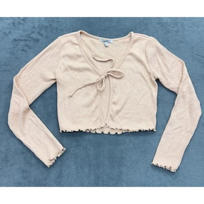 Cardigã suéter feminino manga longa mamão pêssego com nervuras frente cropped G - Imagem 1 de 4