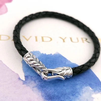 David Yurman 925 prata esterlina 8,5 pol. pulseira Chevron de couro preto tecido - Imagem 1 de 4