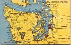 MAPA DE LA PENÍNSULA OLÍMPICA de colección de los años 40 postal de Washington Johnston LINO / sin usar - Imagen 1 de 2