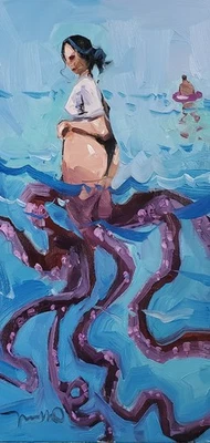 Impresión de Bellas Artes José Trujillo 12x24" Coleccionable Artista Pintura Pulpo Niña Foto 1 de 4