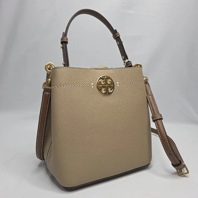 AUTH TORY BURCH FELIX COLOR-BLOCK BUCKET BAGALMOND FLOUR/NEW CREAM - MSRP $498 - Image 1 of 4