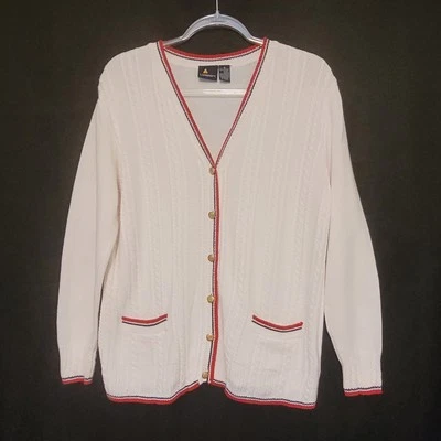 Cárdigan de Tenis Liz Sport Blanco De Colección Suéter Botones Dorados Cable Tejido Frontal Talla M Foto 1 de 4