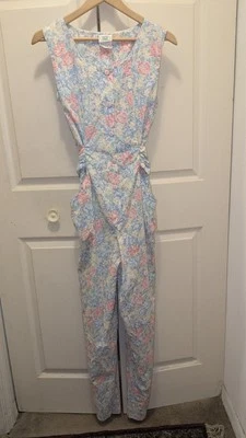 Macacão sem mangas vintage Laura Ashley anos 90 algodão azul lilás floral tamanho grande  - Imagem 1 de 4