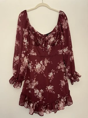 Vestido curto feminino B.Darlin gola V manga longa borgonha florido tamanho 11/12 - Imagem 1 de 4