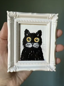 Gatto nero, stravagante, divertente, carino, originale, dipinto in miniatura, piccolo, mini, incorniciato - Foto 1 di 8
