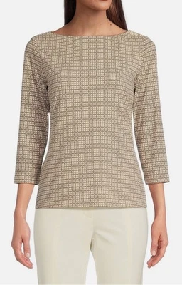 NUEVO CON ETIQUETAS J. McLaughlin Wavesong Camiseta Marrón Top Mediana $178 Elastizada Geométrica Foto 1 de 4