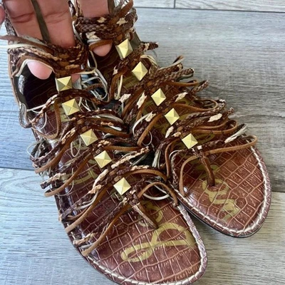 Sam Edelman Gladiator Studded Metallic Snakeskin Gold Zip Up Sandals Strappy - Image 1 of 4