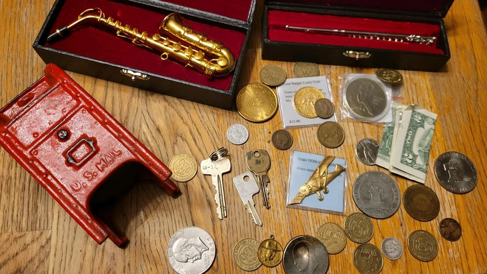 Lot Of Tokens Coins And Medals Antique BankMasonic Silver Dime Indian Cent - Image 1 of 4