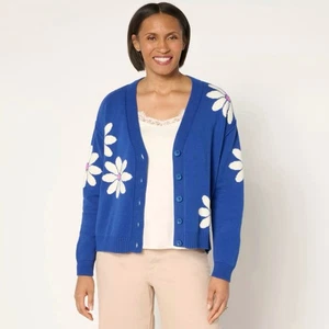 Peace Love World Gartenparty Gänseblümchen Blumen Strickjacke blau Größe 3X - Bild 1 von 10