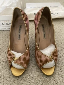 MANOLO BLAHNIK PONY HAIR ANIMAL PRINT OPEN TOE PUMP: Sz 37.5, Preowned - Picture 1 of 19