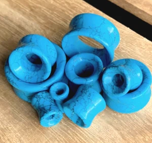 PAIR Synthetic Turquoise Stone Tunnels Double Flare Plugs Earlets Gauges - Picture 1 of 7