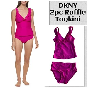 DKNY RUFFLE 2pc Tankini Swimsuit Fia Hot Pink Size Small Full Coverage UPF SPF - Picture 1 of 12