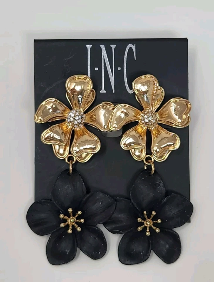 Inc International Concepts Gold Tone 2-3/4"pave Black Flower Drop Stud Earrings