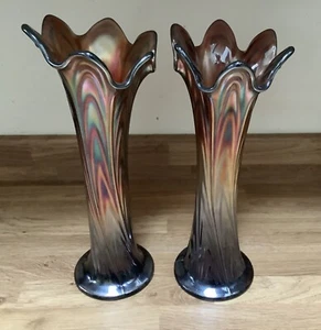 Pair Vintage 10” Carnival Glass Vases - Ribbed/diamond Design - Picture 1 of 4