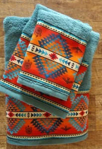 Western/Ranch rustic decor, 3 pc towel set in cool water ,colorful Aztec border - Picture 1 of 3