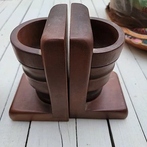 Vintage MCM  Solid Wood Bookends with Pocket Vase Holder Book Ends - Picture 1 of 3