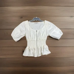Allsaints Elektra Zip Front Top Women’s Size 6 Puff Sleeve Smocked Waist White - Picture 1 of 8