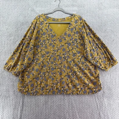 J Jill Top Mujer 3X Azul Mostaza Floral Tencel Purejill Estampado Cuello en V Otoño Foto 1 de 4
