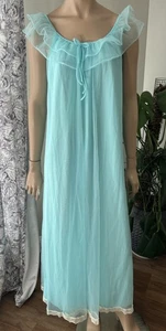 Vintage 50s Blue Ice Double Layer Nylon Chiffon Nightgown Sz M - Picture 1 of 8