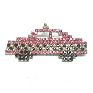 DOROTHY BAUER Pink TAXI CAB Checkered Brooch Pink Black & Clear Rhinestones Pin - Picture 1 of 6