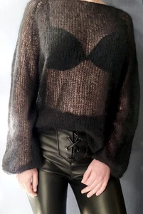 Suéter de mohair tejido a mano de gran tamaño negro malla aireada estilo talla única para mujer - Imagen 1 de 5